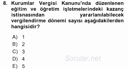 Özel Vergi Hukuku 1 2016 - 2017 Dönem Sonu Sınavı 8.Soru