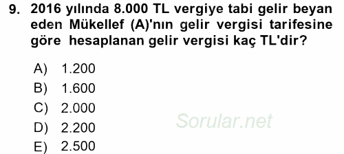 Özel Vergi Hukuku 1 2016 - 2017 Dönem Sonu Sınavı 9.Soru