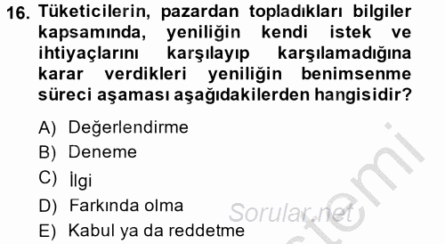 Tüketim Bilinci ve Bilinçli Tüketici 2014 - 2015 Ara Sınavı 16.Soru