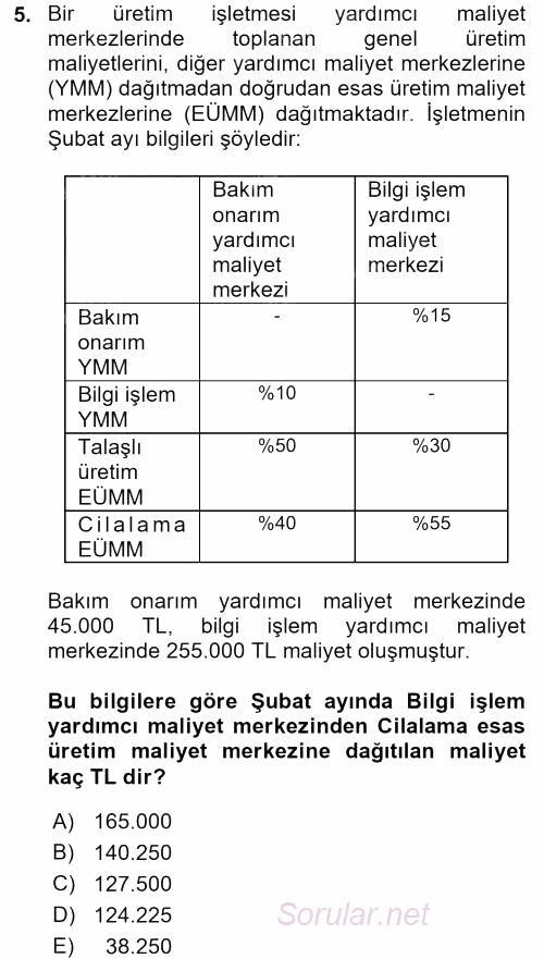 Maliyet Muhasebesi 2017 - 2018 Dönem Sonu Sınavı 5.Soru