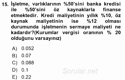 Finansal Tablolar Analizi 2015 - 2016 Tek Ders Sınavı 15.Soru