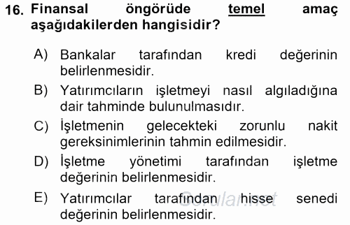 Finansal Tablolar Analizi 2015 - 2016 Tek Ders Sınavı 16.Soru