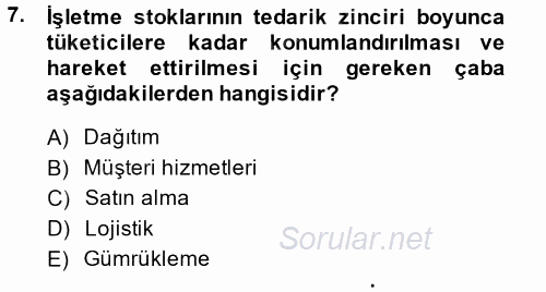 Tedarik Zinciri Yönetimi 2014 - 2015 Dönem Sonu Sınavı 7.Soru