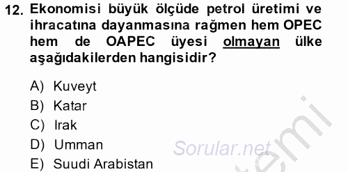 Orta Doğuda Siyaset 2013 - 2014 Dönem Sonu Sınavı 12.Soru