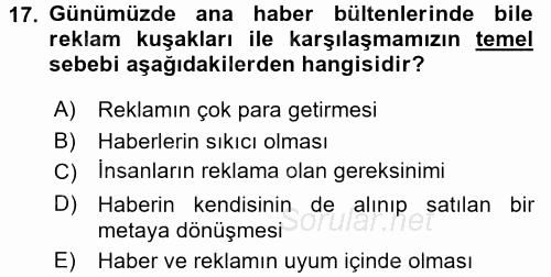 Medya Siyaset Kültür 2017 - 2018 Dönem Sonu Sınavı 17.Soru