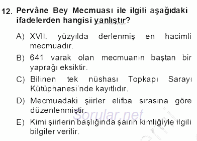 XIV-XV. Yüzyıllar Türk Edebiyatı 2013 - 2014 Dönem Sonu Sınavı 12.Soru