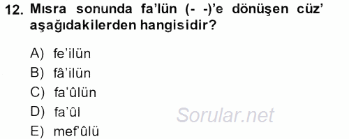 Eski Türk Edebiyatına Giriş: Biçim ve Ölçü 2013 - 2014 Dönem Sonu Sınavı 12.Soru