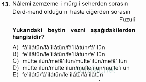 Eski Türk Edebiyatına Giriş: Biçim ve Ölçü 2013 - 2014 Dönem Sonu Sınavı 13.Soru