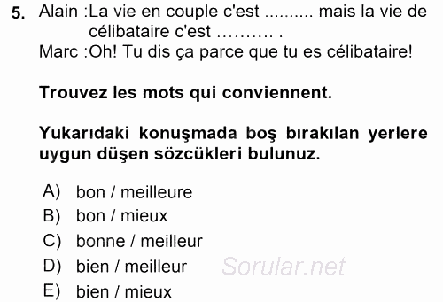 Fransızca 2 2015 - 2016 Tek Ders Sınavı 5.Soru