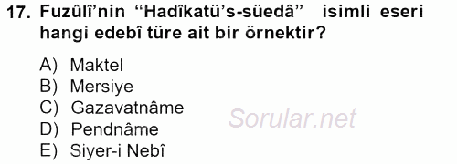 Türk İslam Edebiyatı 2013 - 2014 Tek Ders Sınavı 17.Soru