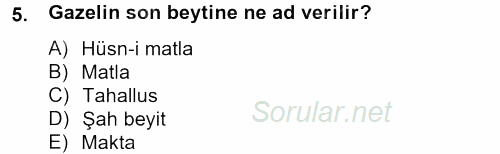 Türk İslam Edebiyatı 2013 - 2014 Tek Ders Sınavı 5.Soru