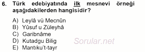 Türk İslam Edebiyatı 2013 - 2014 Tek Ders Sınavı 6.Soru