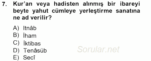Türk İslam Edebiyatı 2013 - 2014 Tek Ders Sınavı 7.Soru