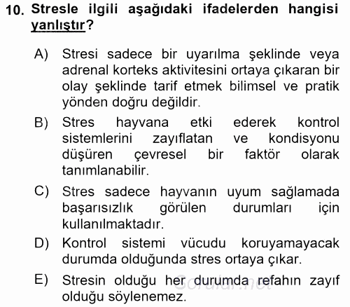 Hayvan Davranışları ve Refahı 2016 - 2017 Dönem Sonu Sınavı 10.Soru
