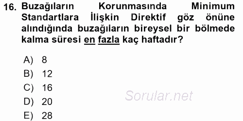 Hayvan Davranışları ve Refahı 2016 - 2017 Dönem Sonu Sınavı 16.Soru