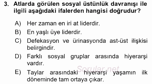 Hayvan Davranışları ve Refahı 2016 - 2017 Dönem Sonu Sınavı 3.Soru