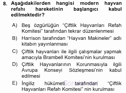 Hayvan Davranışları ve Refahı 2016 - 2017 Dönem Sonu Sınavı 8.Soru