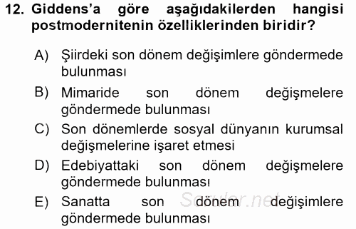 Sosyolojide Yakın Dönem Gelişmeler 2015 - 2016 Ara Sınavı 12.Soru