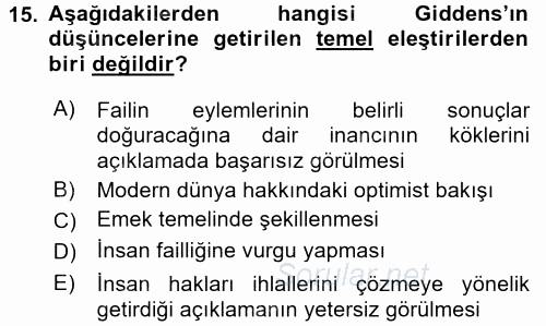 Sosyolojide Yakın Dönem Gelişmeler 2015 - 2016 Ara Sınavı 15.Soru