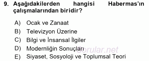 Sosyolojide Yakın Dönem Gelişmeler 2015 - 2016 Ara Sınavı 9.Soru