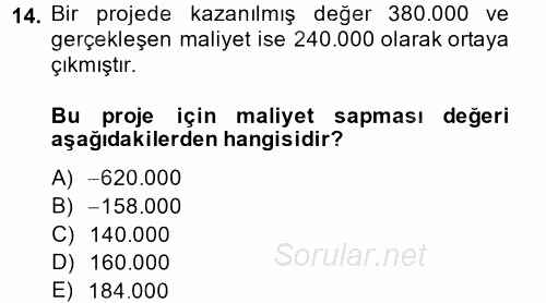 Proje Yönetimi 2014 - 2015 Dönem Sonu Sınavı 14.Soru
