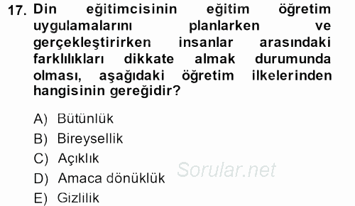 Din Eğitimi Ve Din Hizmetlerinde Rehberlik 2013 - 2014 Ara Sınavı 17.Soru