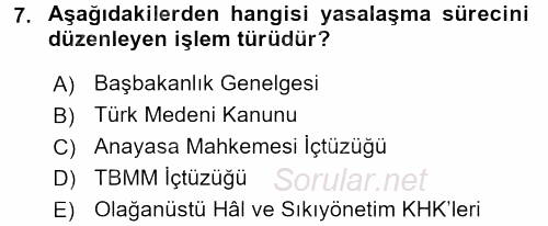 Türk Anayasa Hukuku 2015 - 2016 Tek Ders Sınavı 7.Soru