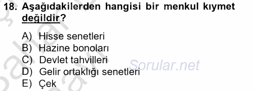 Banka Ve Sigorta Muhasebesi 2014 - 2015 Ara Sınavı 18.Soru