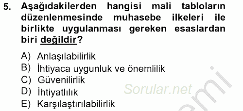Banka Ve Sigorta Muhasebesi 2014 - 2015 Ara Sınavı 5.Soru