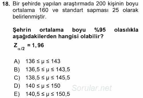 Coğrafi Bilgi Sistemleri İçin Temel İstatistik 2016 - 2017 Ara Sınavı 18.Soru