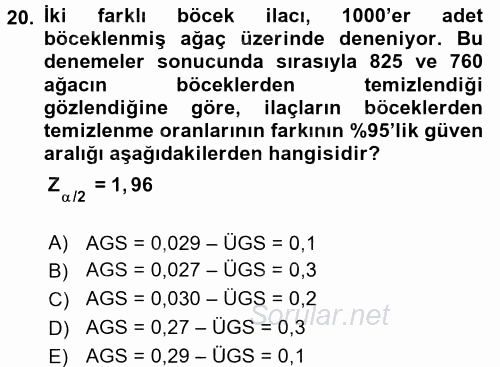 Coğrafi Bilgi Sistemleri İçin Temel İstatistik 2016 - 2017 Ara Sınavı 20.Soru