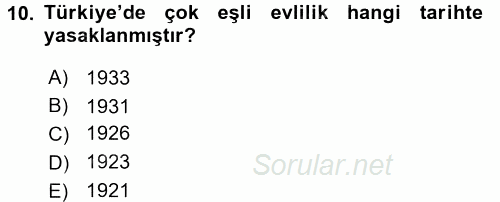 Toplumsal Yaşamda Aile 2016 - 2017 Ara Sınavı 10.Soru