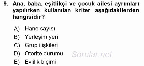 Toplumsal Yaşamda Aile 2016 - 2017 Ara Sınavı 9.Soru