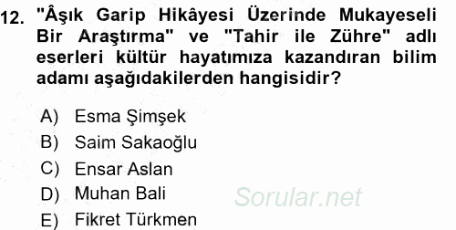 Halk Hikayeleri 2015 - 2016 Ara Sınavı 12.Soru