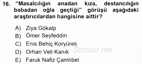 Halk Hikayeleri 2015 - 2016 Ara Sınavı 16.Soru