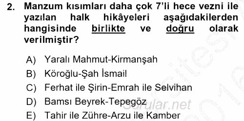 Halk Hikayeleri 2015 - 2016 Ara Sınavı 2.Soru