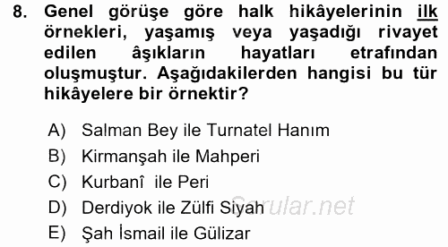 Halk Hikayeleri 2015 - 2016 Ara Sınavı 8.Soru