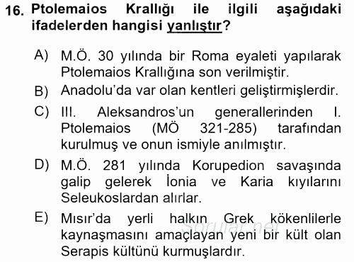 Anadolu Arkeolojisi 2016 - 2017 Dönem Sonu Sınavı 16.Soru