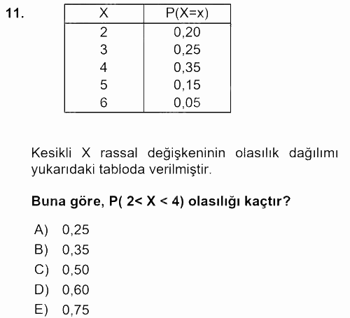 İstatistik 1 2017 - 2018 Dönem Sonu Sınavı 11.Soru