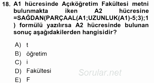 İşletme Analitiği 2017 - 2018 Ara Sınavı 18.Soru