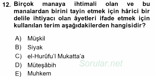 Tefsir Tarihi ve Usulü 2017 - 2018 3 Ders Sınavı 12.Soru