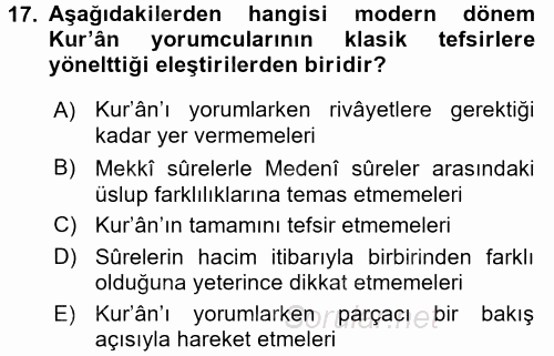 Tefsir Tarihi ve Usulü 2017 - 2018 3 Ders Sınavı 17.Soru