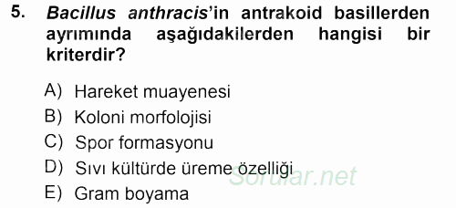 Veteriner Mikrobiyoloji ve Epidemiyoloji 2013 - 2014 Tek Ders Sınavı 5.Soru