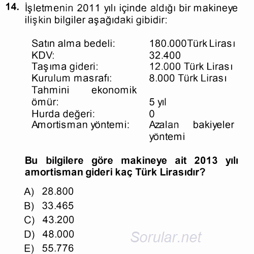 Muhasebe Uygulamaları 2013 - 2014 Ara Sınavı 14.Soru