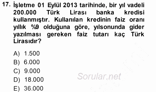 Muhasebe Uygulamaları 2013 - 2014 Ara Sınavı 17.Soru