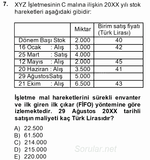 Muhasebe Uygulamaları 2013 - 2014 Ara Sınavı 7.Soru