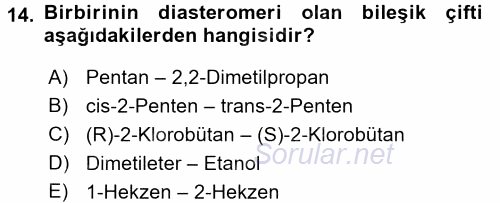 Hücre Kimyası 2017 - 2018 Dönem Sonu Sınavı 14.Soru