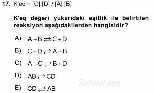 Hücre Kimyası 2017 - 2018 Dönem Sonu Sınavı 17.Soru