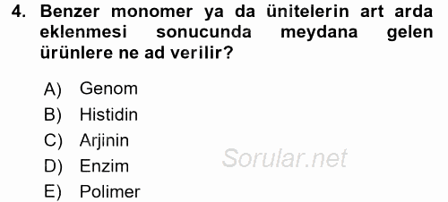 Hücre Kimyası 2017 - 2018 Dönem Sonu Sınavı 4.Soru