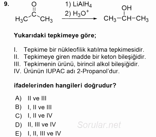Hücre Kimyası 2017 - 2018 Dönem Sonu Sınavı 9.Soru